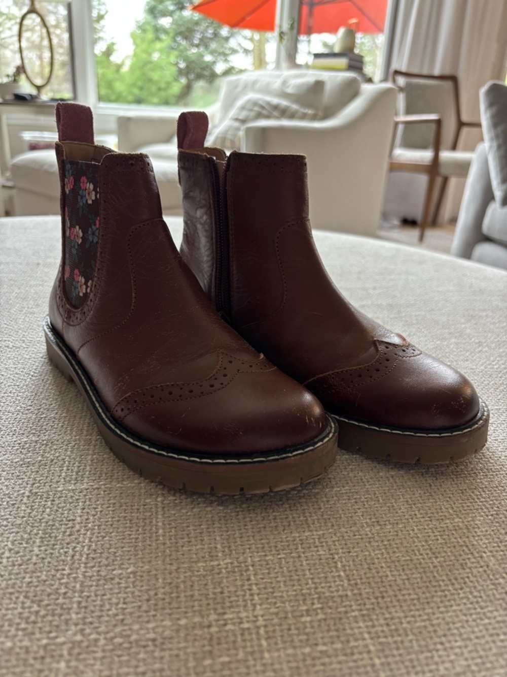 Mini Boden girls Brown Leather Chelsea Boots with Floral Elastic Panels